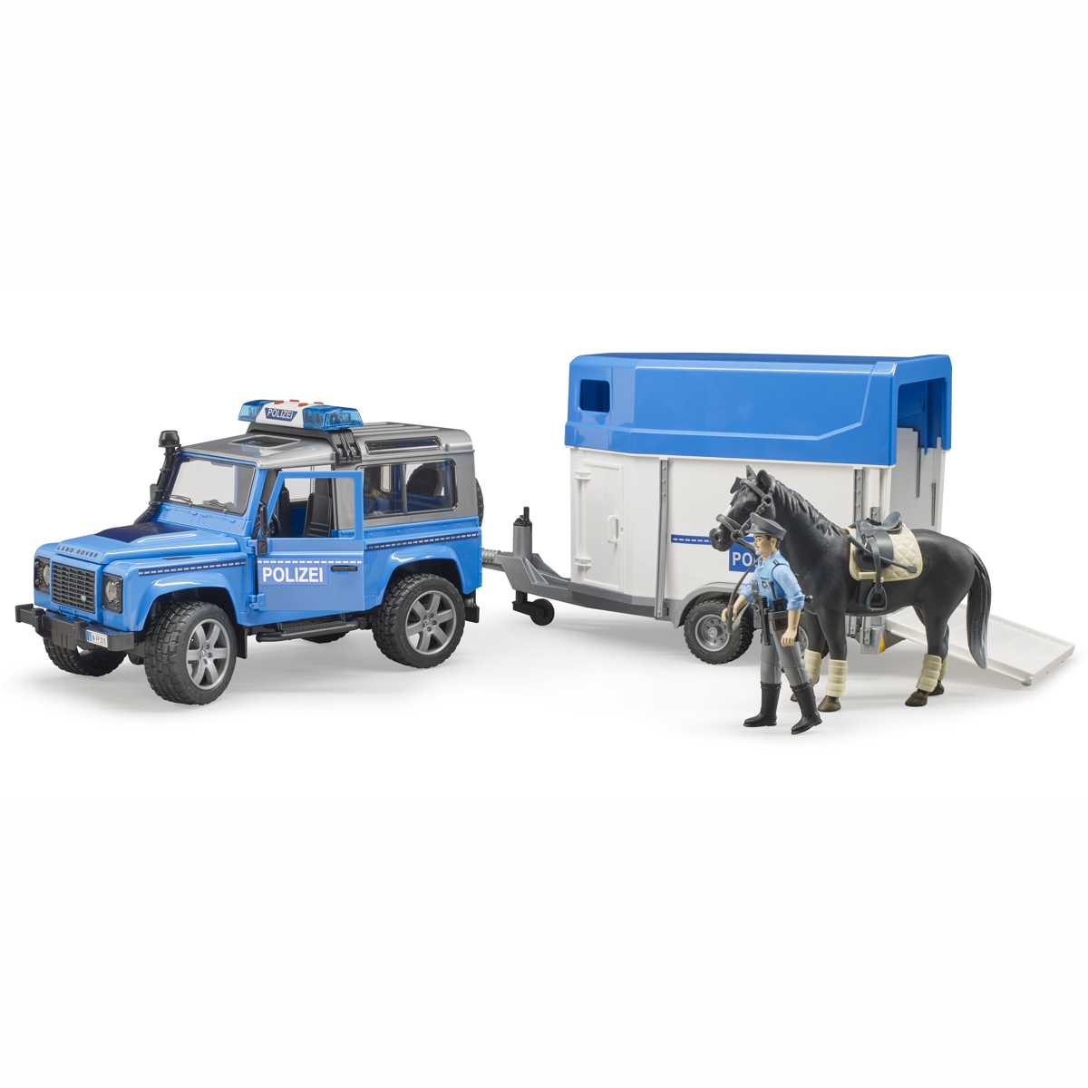 BRUDER 02588 Land Rover Defender Polizeifahrzeug mit Pferdeanhänger und Pferd und Polizist
