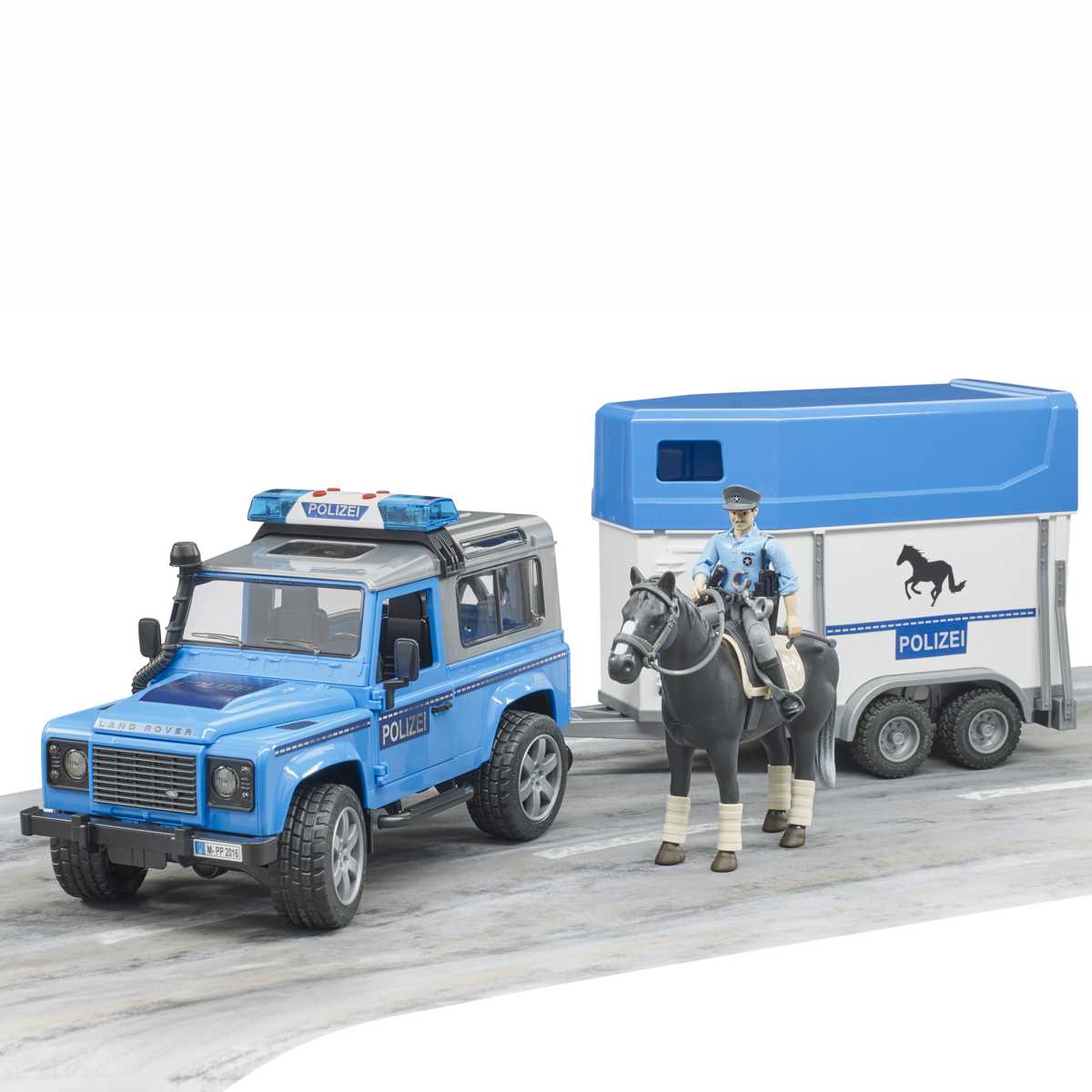 BRUDER 02588 Land Rover Defender Polizeifahrzeug mit Pferdeanhänger und Pferd und Polizist
