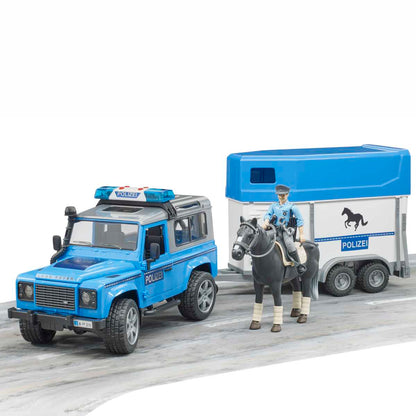 BRUDER 02588 Land Rover Defender Polizeifahrzeug mit Pferdeanhänger und Pferd und Polizist
