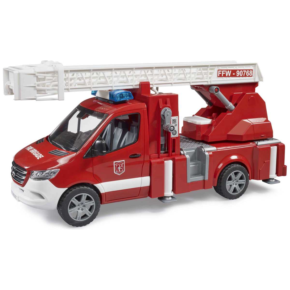 BRUDER 02673 MB Sprinter Feuerwehr mit Drehleiter, Pumpe und 
Light + Sound Modul