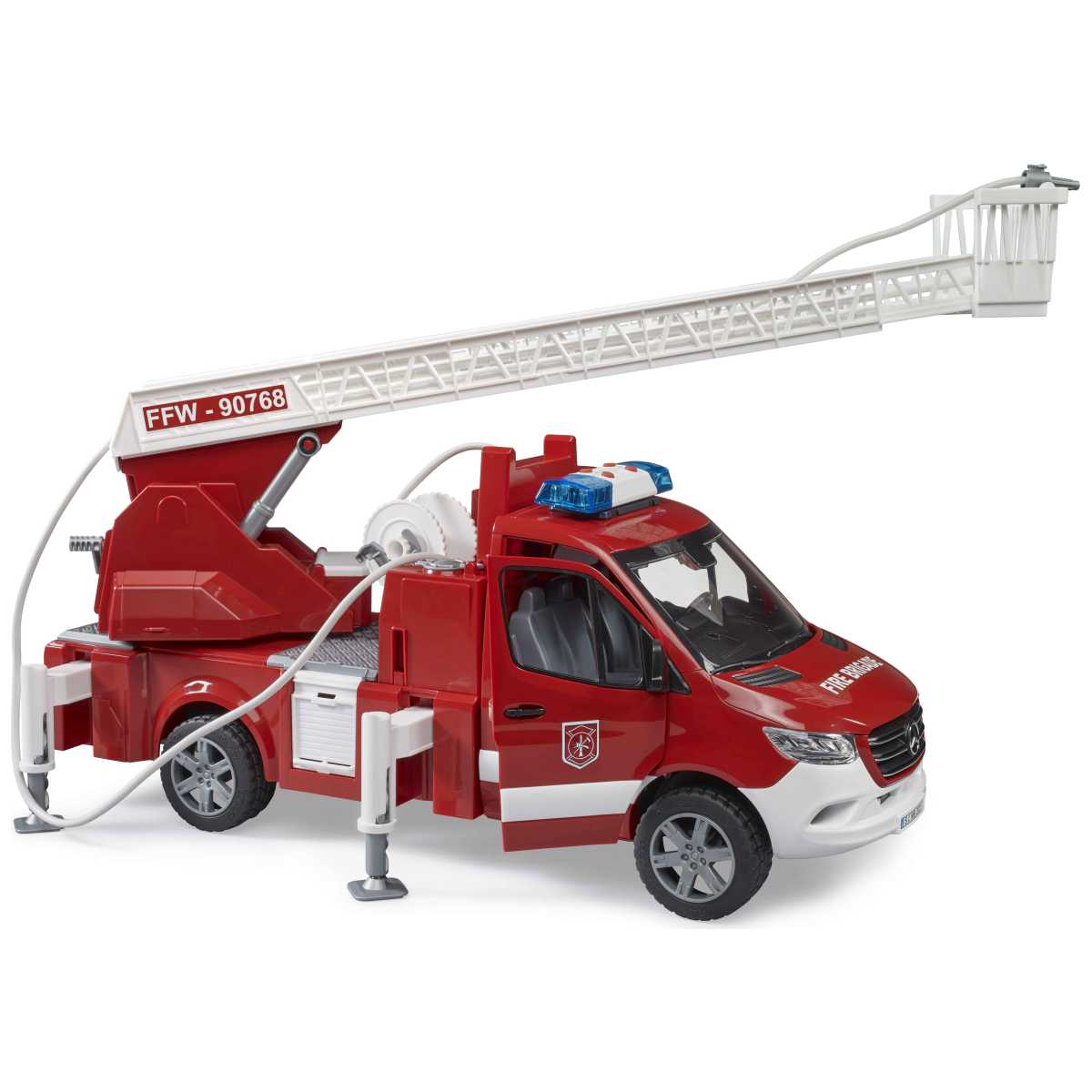 BRUDER 02673 MB Sprinter Feuerwehr mit Drehleiter, Pumpe und 
Light + Sound Modul