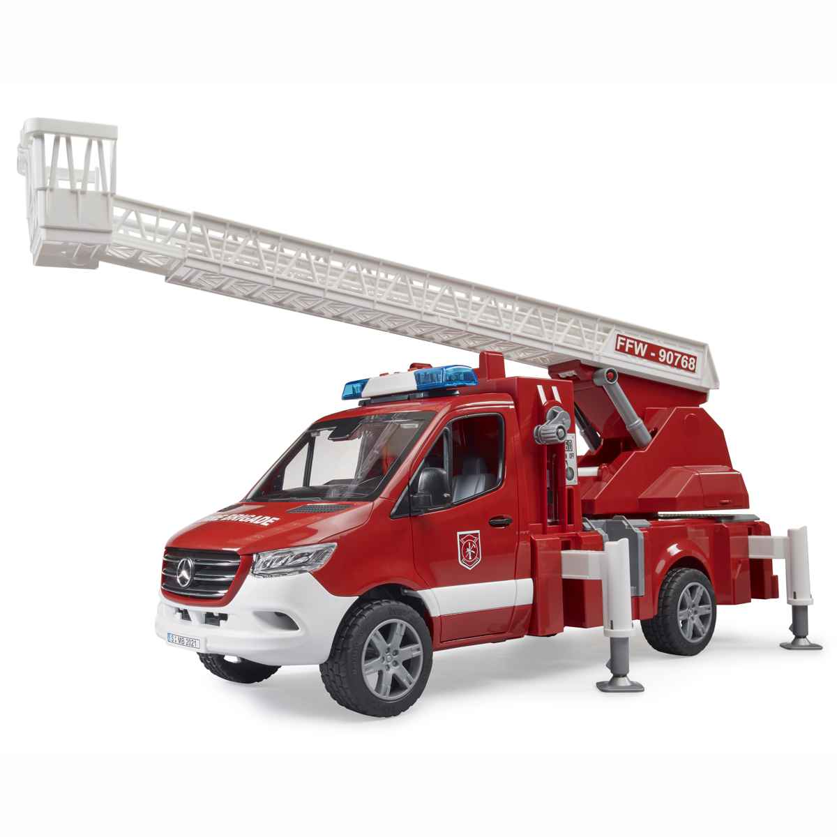 BRUDER 02673 MB Sprinter Feuerwehr mit Drehleiter, Pumpe und 
Light + Sound Modul