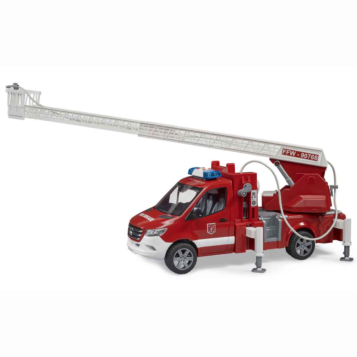 BRUDER 02673 MB Sprinter Feuerwehr mit Drehleiter, Pumpe und 
Light + Sound Modul