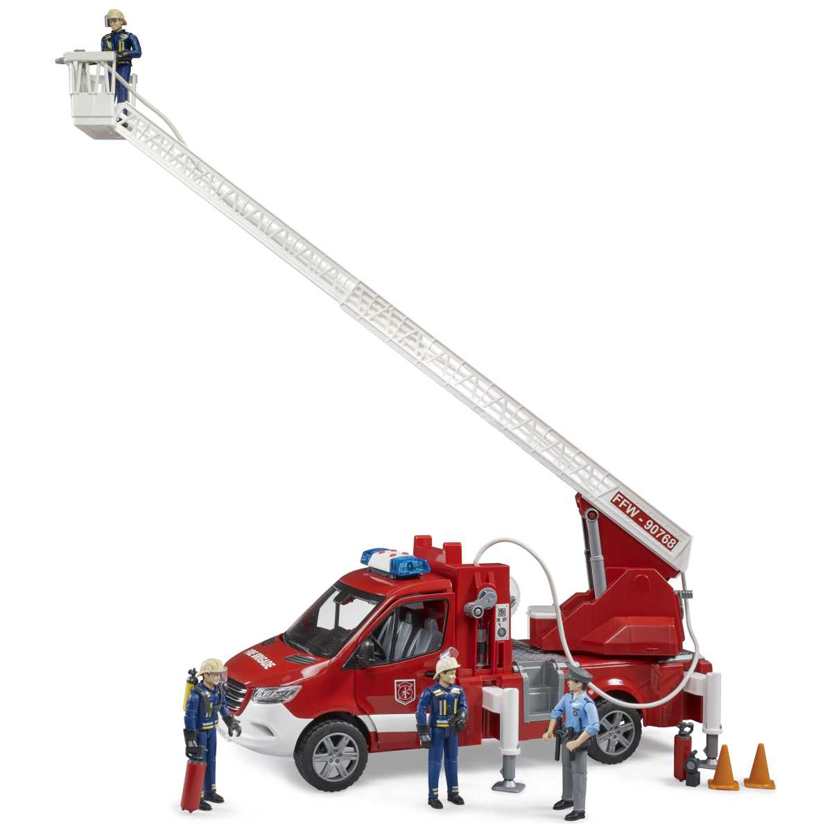 BRUDER 02673 MB Sprinter Feuerwehr mit Drehleiter, Pumpe und 
Light + Sound Modul