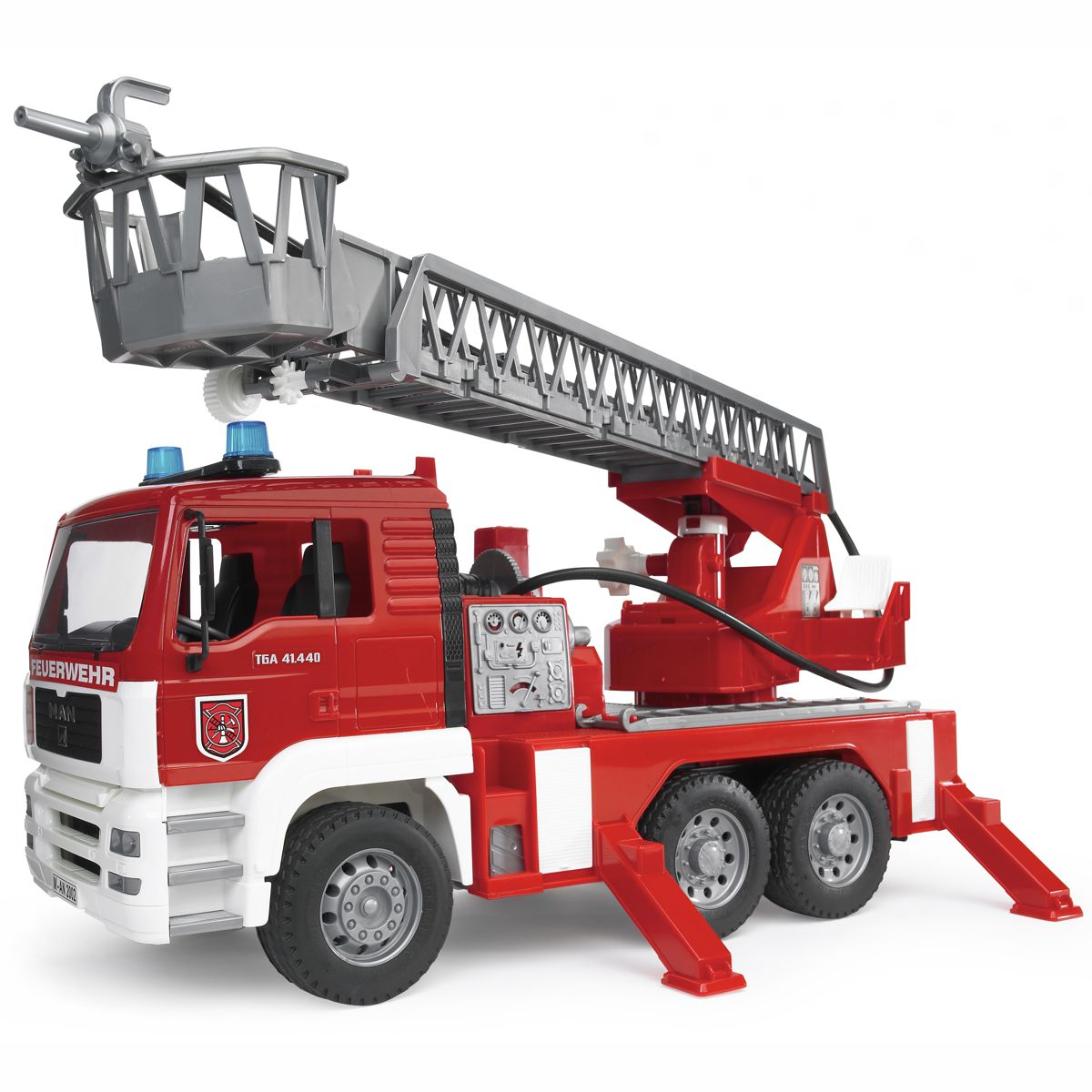 BRUDER 02771 MAN Feuerwehr mit Drehleiter, Wasserpumpe und Light and Sound Module inkl. Batterie