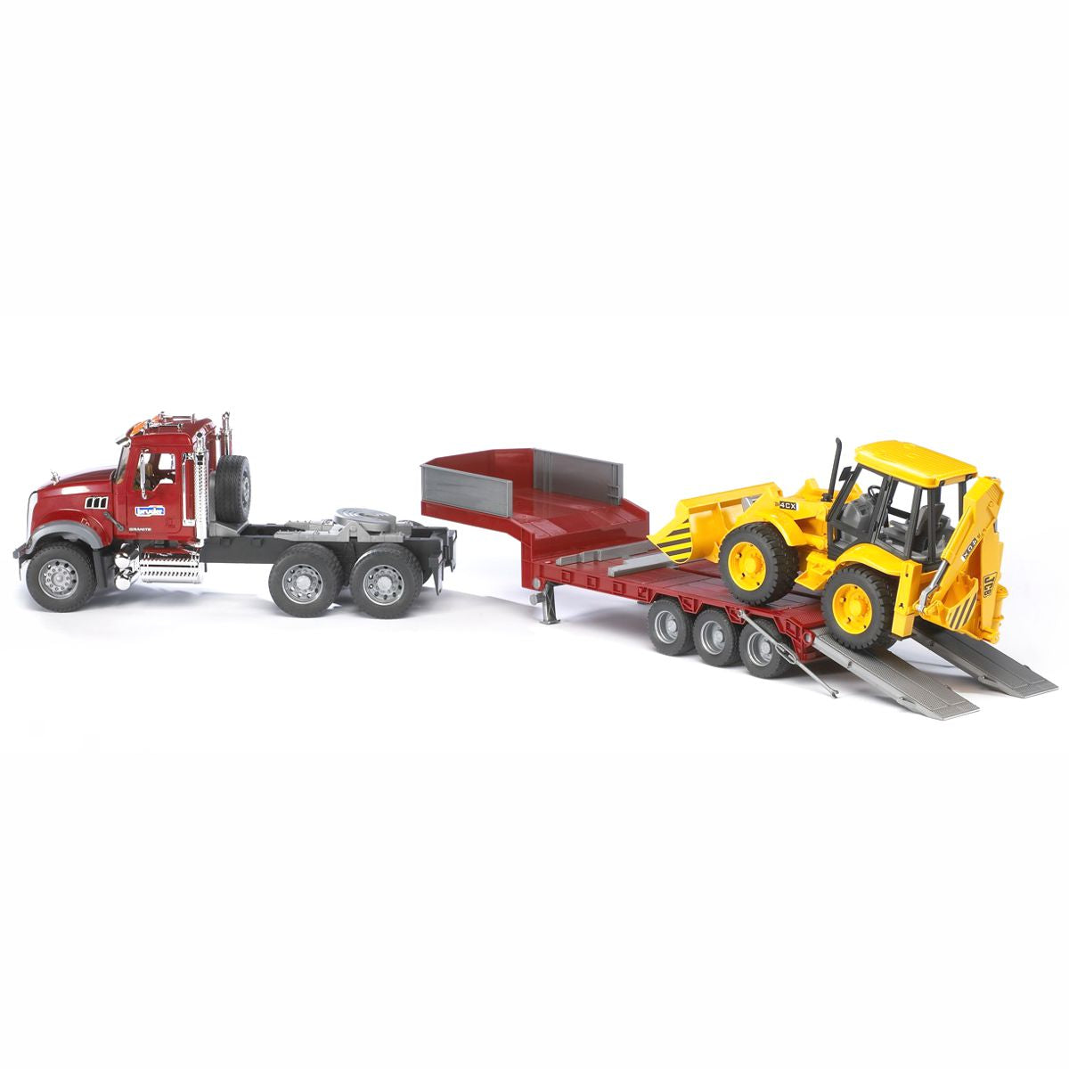 BRUDER 02813 MACK Granite LKW mit Tieflader und JCB 4CX Baggerlader
