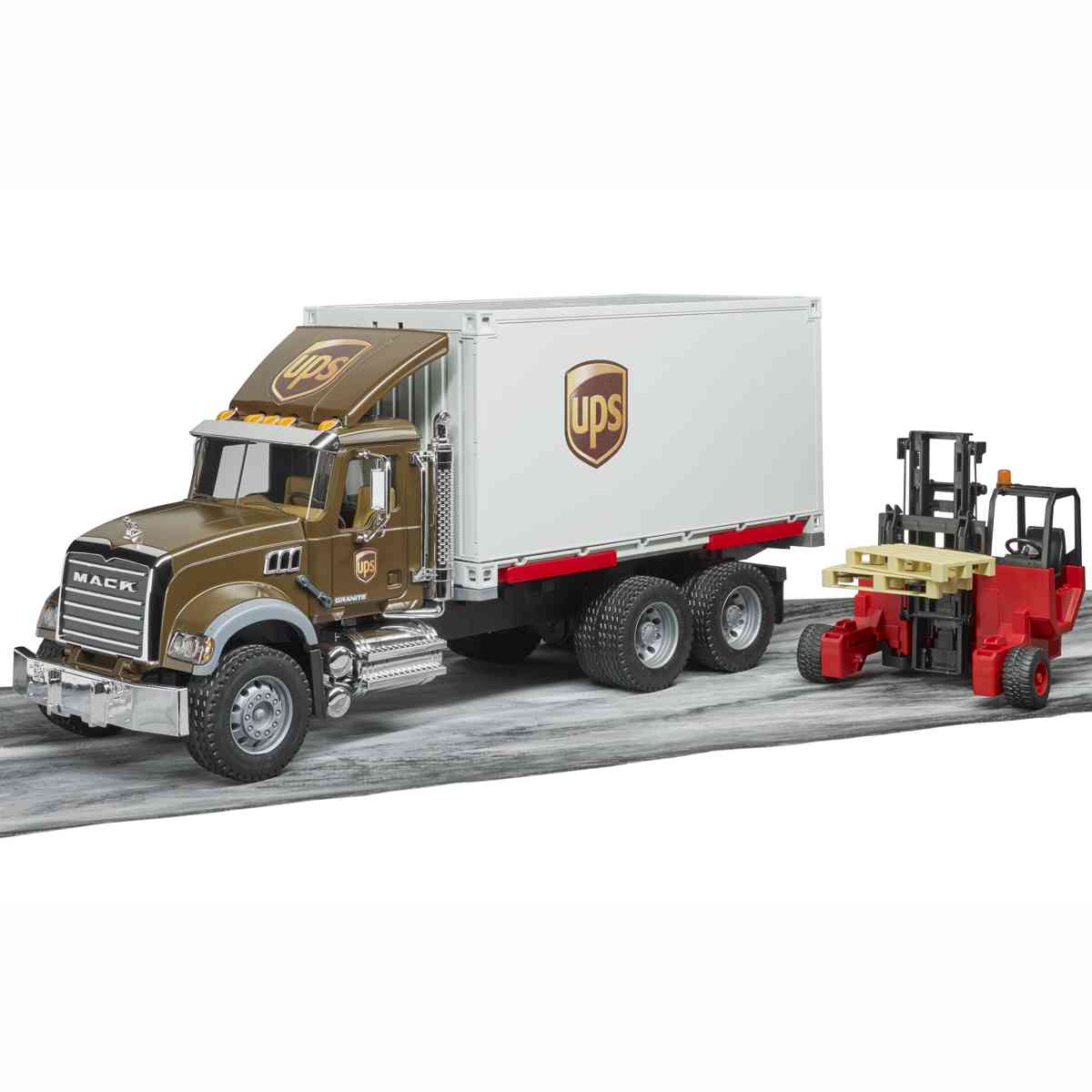 BRUDER 02828 MACK Granite UPS Logistik-LKW mit Mitnahmestapler