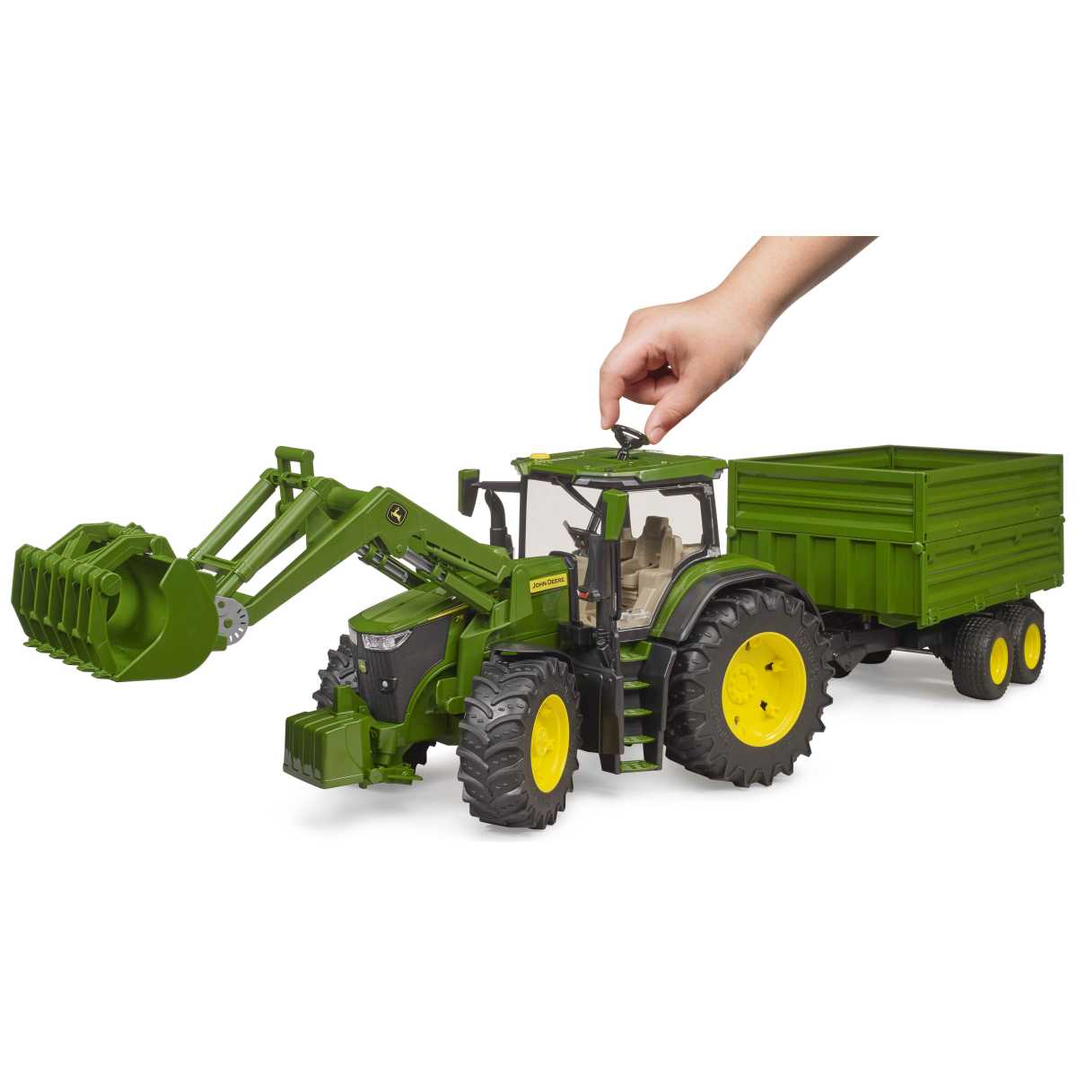 BRUDER 03155 John Deere 7R 350 mit Frontlader u. Tandemachstransportanhänger