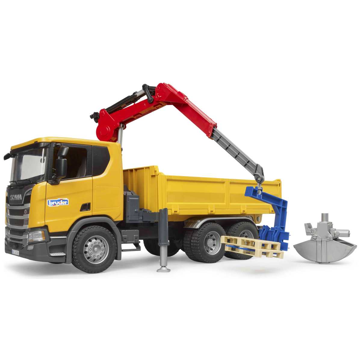 BRUDER 03551 Scania Super 560R Baustellen-LKW mit Kran und 2 Paletten