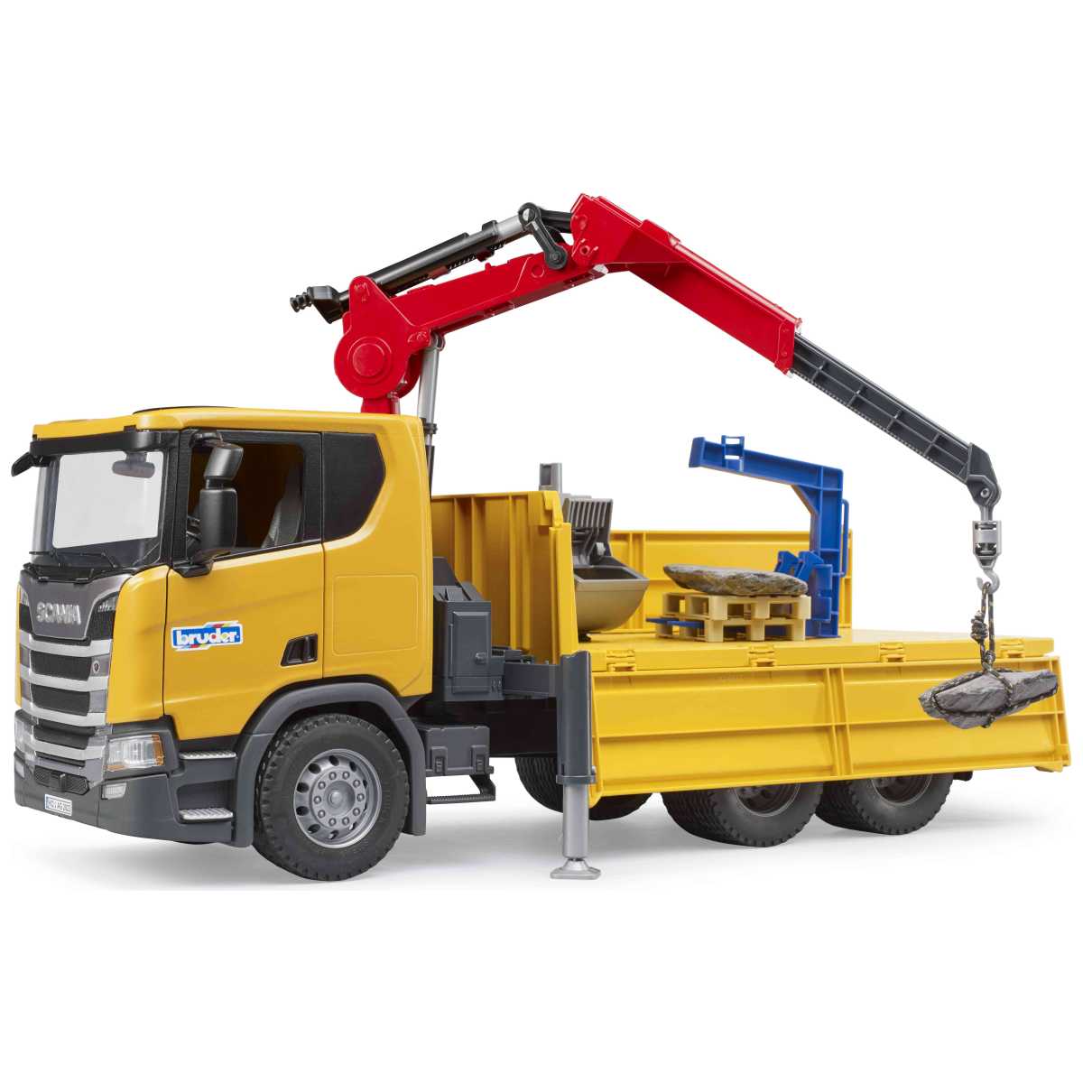 BRUDER 03551 Scania Super 560R Baustellen-LKW mit Kran und 2 Paletten