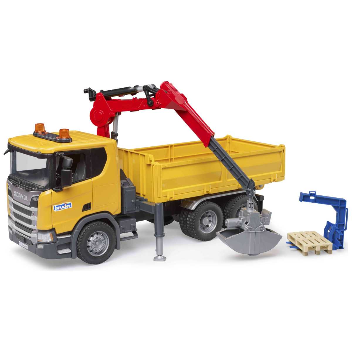 BRUDER 03551 Scania Super 560R Baustellen-LKW mit Kran und 2 Paletten