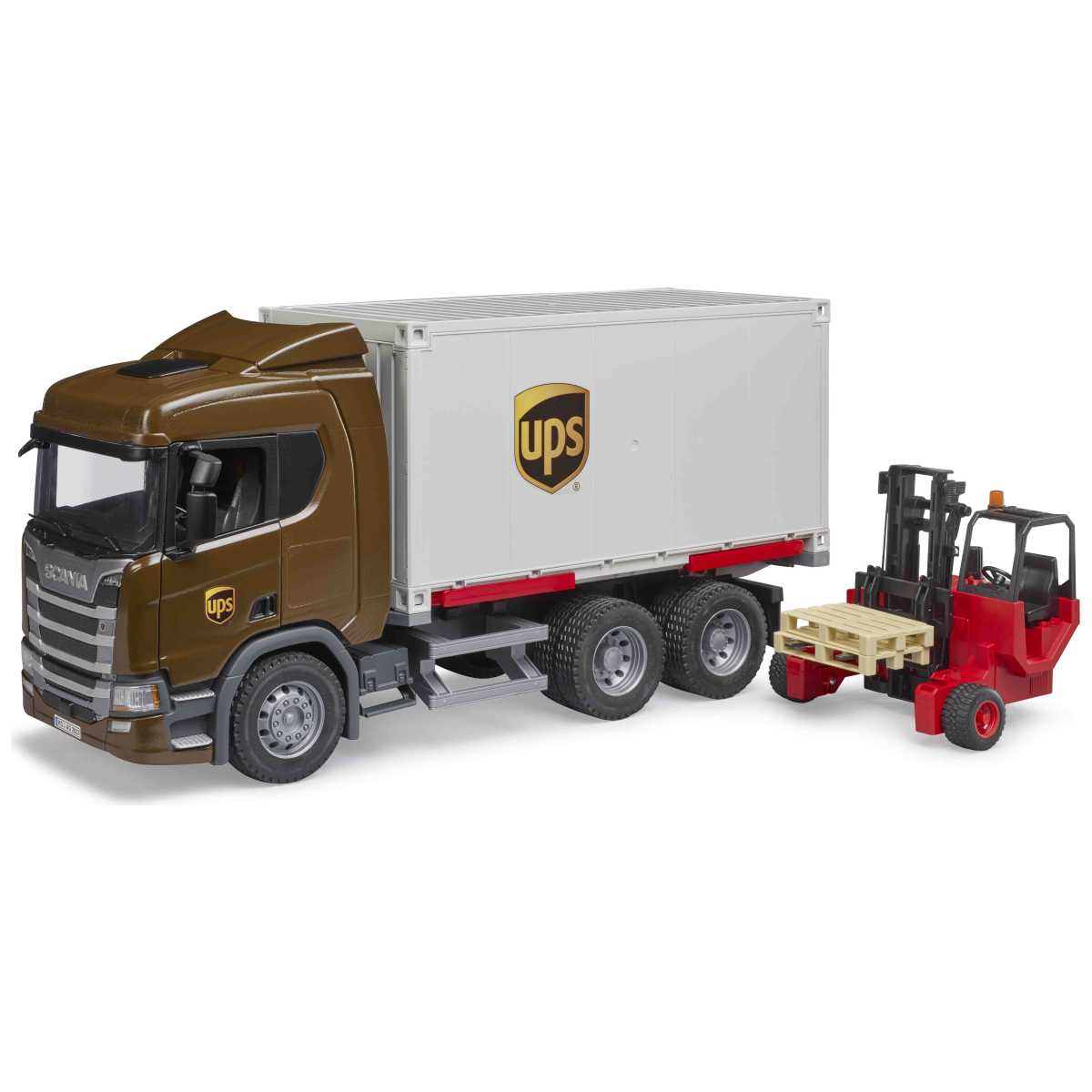BRUDER Scania Super 560R UPS Logistik-LKW mit Mitnahmestapler