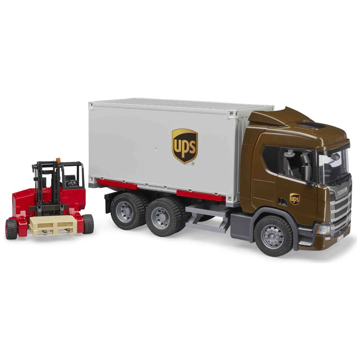 BRUDER Scania Super 560R UPS Logistik-LKW mit Mitnahmestapler
