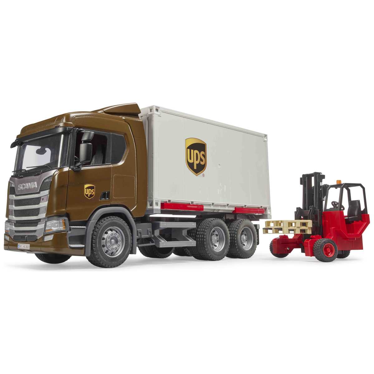 BRUDER Scania Super 560R UPS Logistik-LKW mit Mitnahmestapler