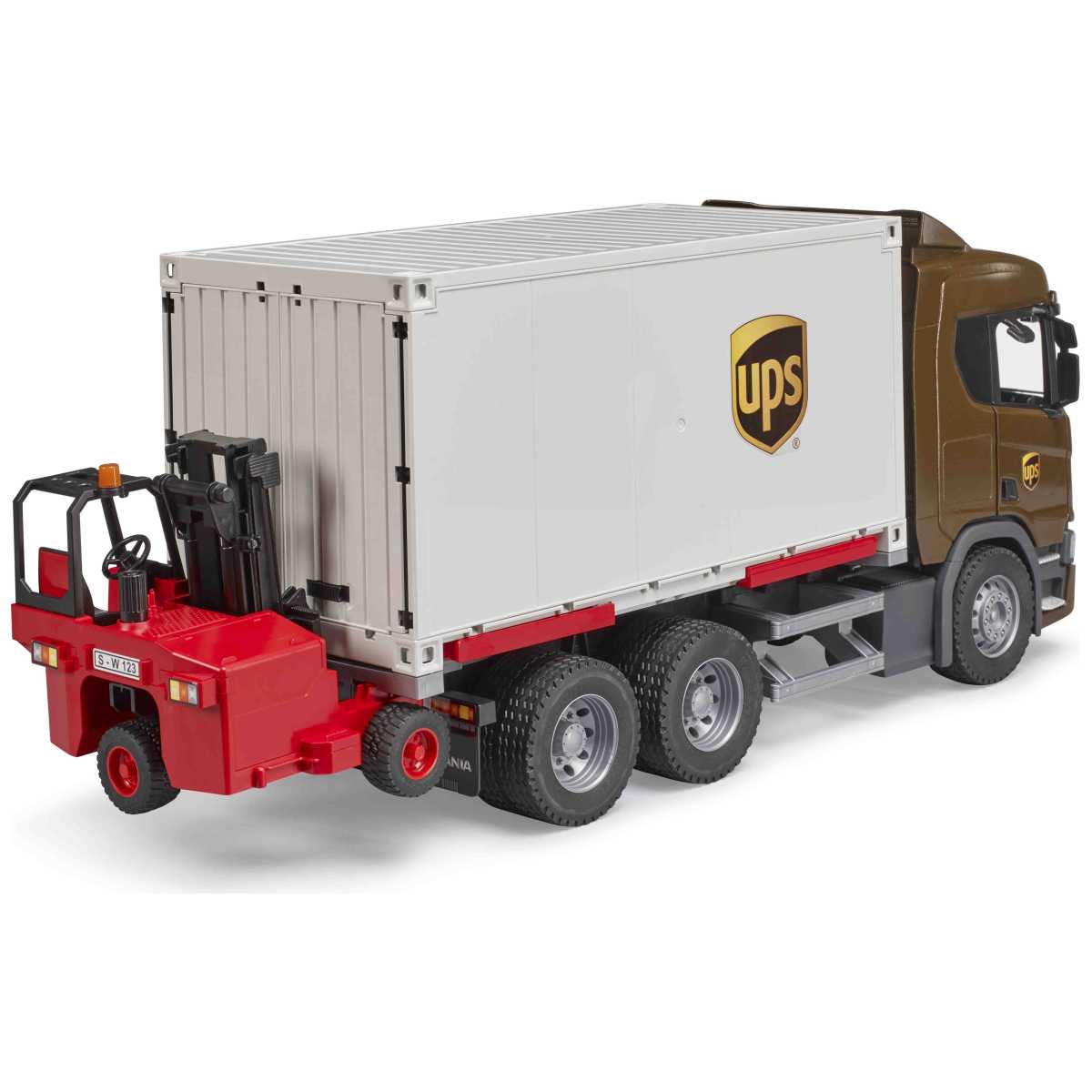 BRUDER Scania Super 560R UPS Logistik-LKW mit Mitnahmestapler