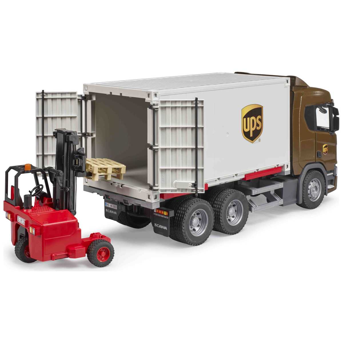 BRUDER Scania Super 560R UPS Logistik-LKW mit Mitnahmestapler