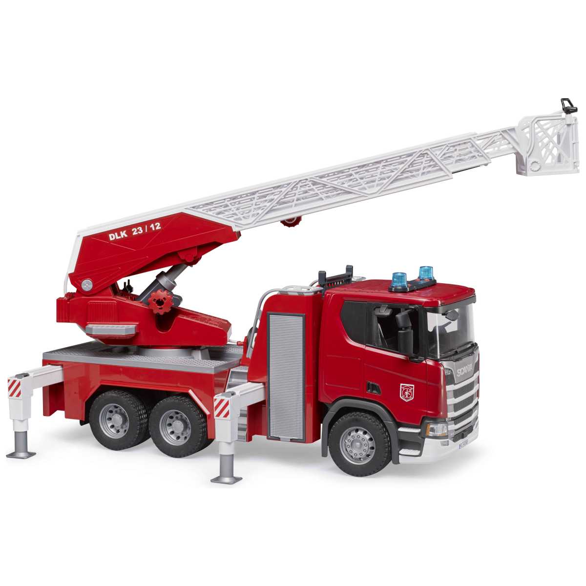 BRUDER 03591 Scania Super 560R Feuerwehr mit Drehleiter, Wasserpumpe und Light + Sound-Modul