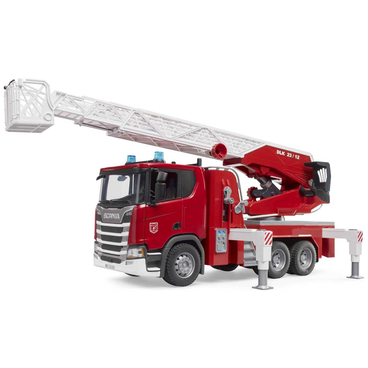 BRUDER 03591 Scania Super 560R Feuerwehr mit Drehleiter, Wasserpumpe und Light + Sound-Modul