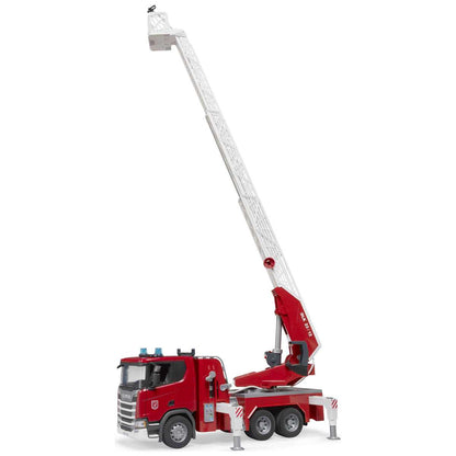BRUDER 03591 Scania Super 560R Feuerwehr mit Drehleiter, Wasserpumpe und Light + Sound-Modul