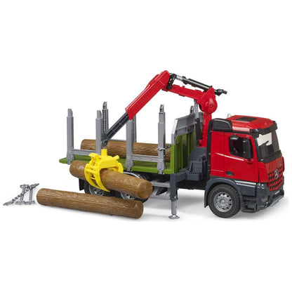 BRUDER 03669 MB Arocs Holztransport-LKW mit Ladekran, Greifer und 3 Baumstämme