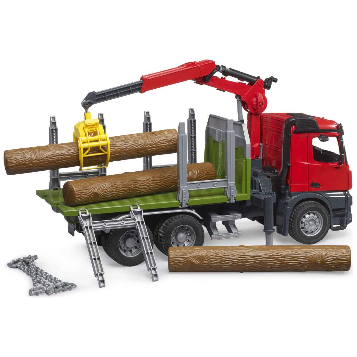 BRUDER 03669 MB Arocs Holztransport-LKW mit Ladekran, Greifer und 3 Baumstämme