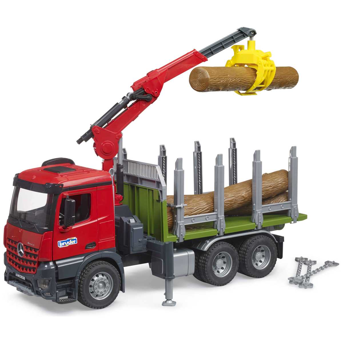 BRUDER 03669 MB Arocs Holztransport-LKW mit Ladekran, Greifer und 3 Baumstämme