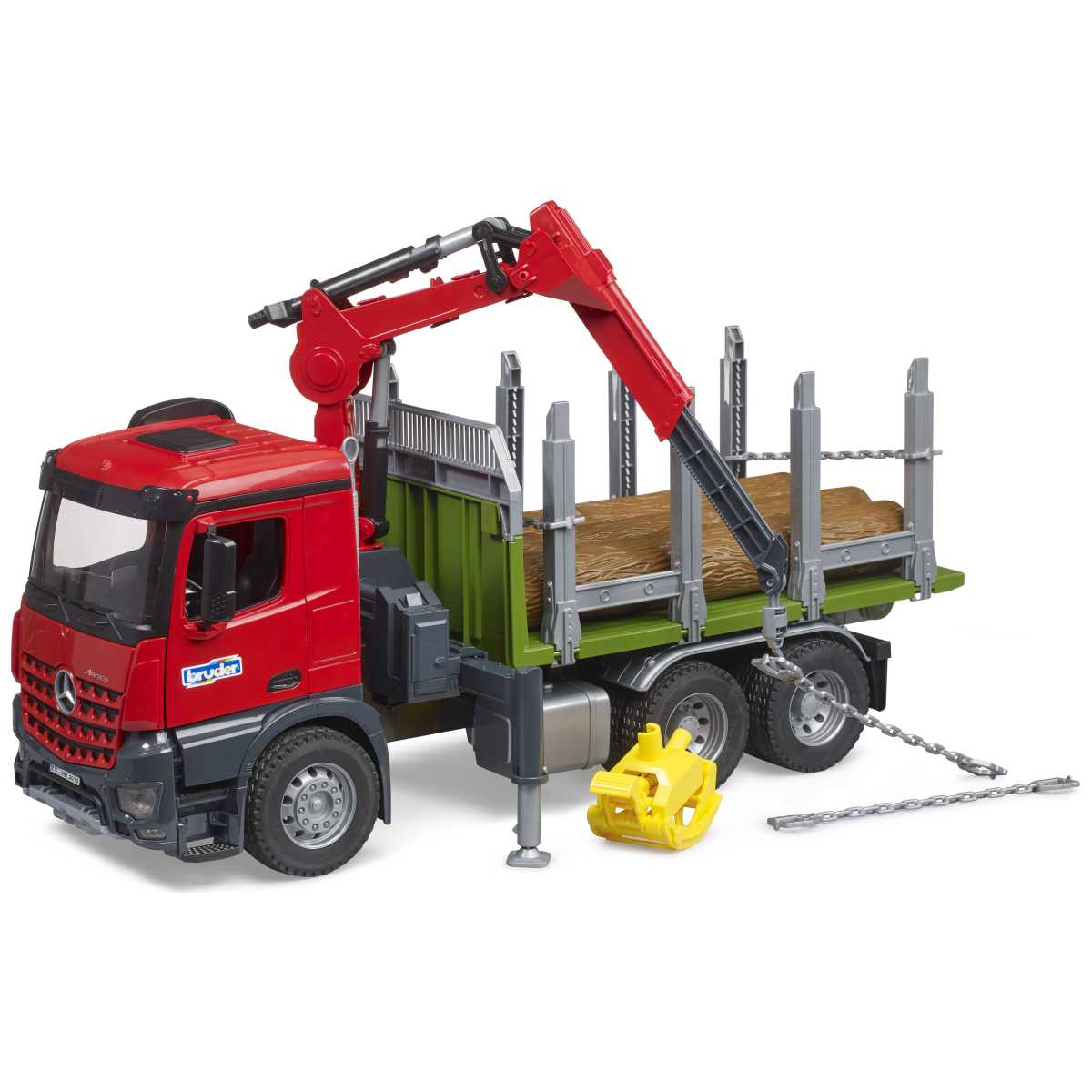 BRUDER 03669 MB Arocs Holztransport-LKW mit Ladekran, Greifer und 3 Baumstämme