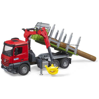 BRUDER 03669 MB Arocs Holztransport-LKW mit Ladekran, Greifer und 3 Baumstämme