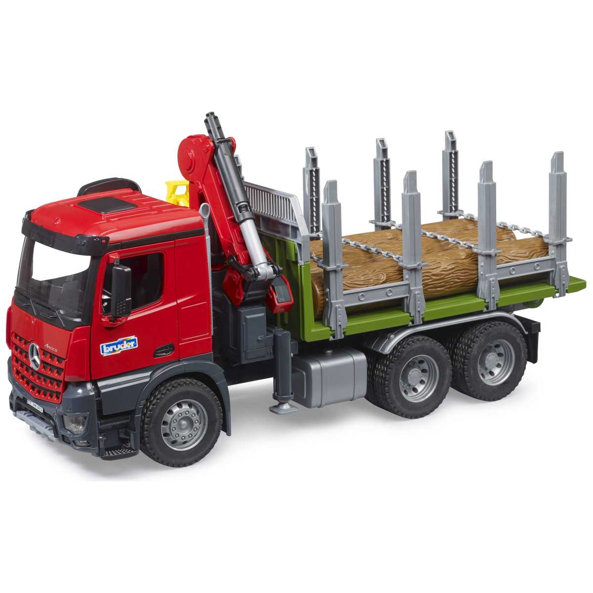BRUDER 03669 MB Arocs Holztransport-LKW mit Ladekran, Greifer und 3 Baumstämme