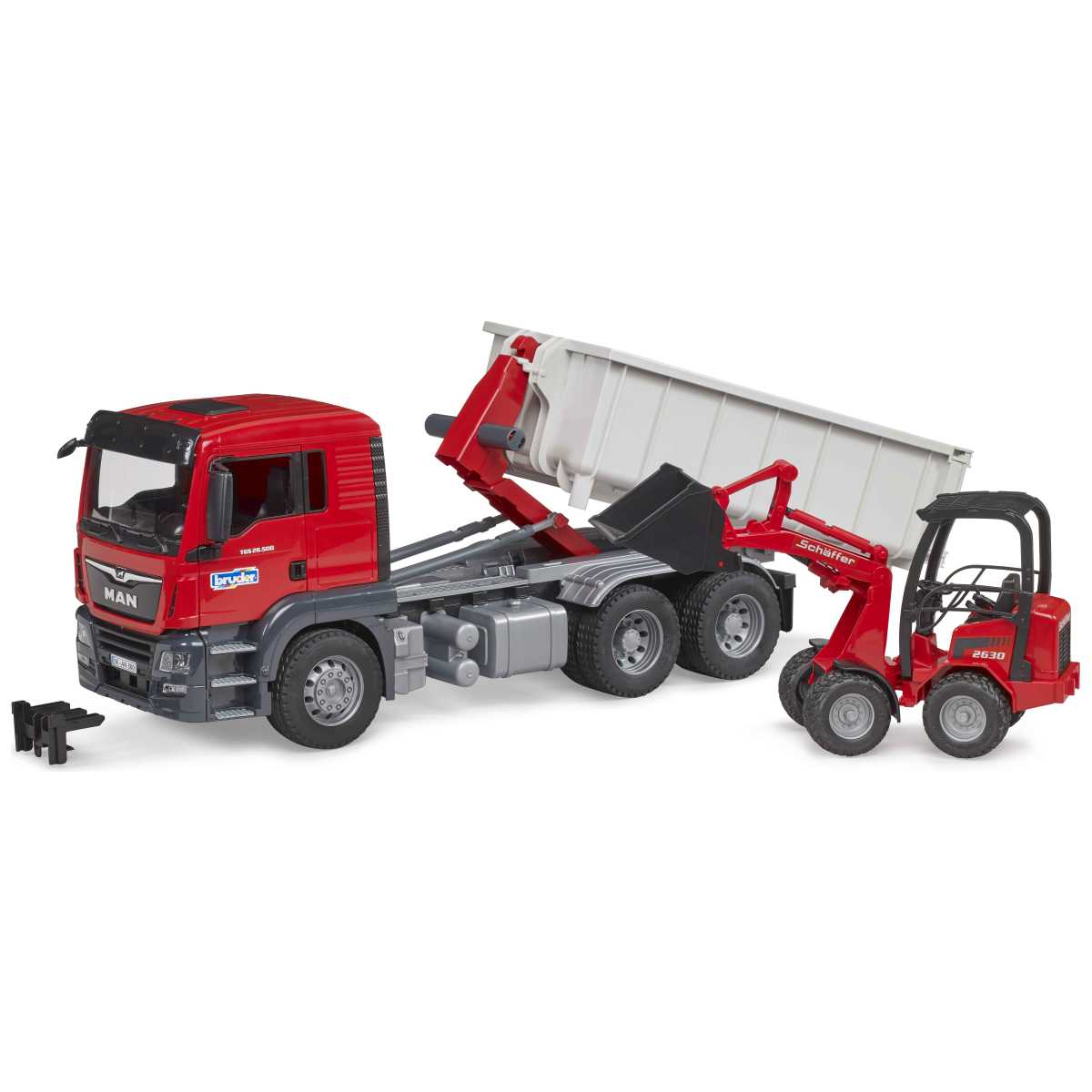 BRUDER 03767 MAN TGS LKW mit Abrollcontainer und Schäffer Hoflader 2630