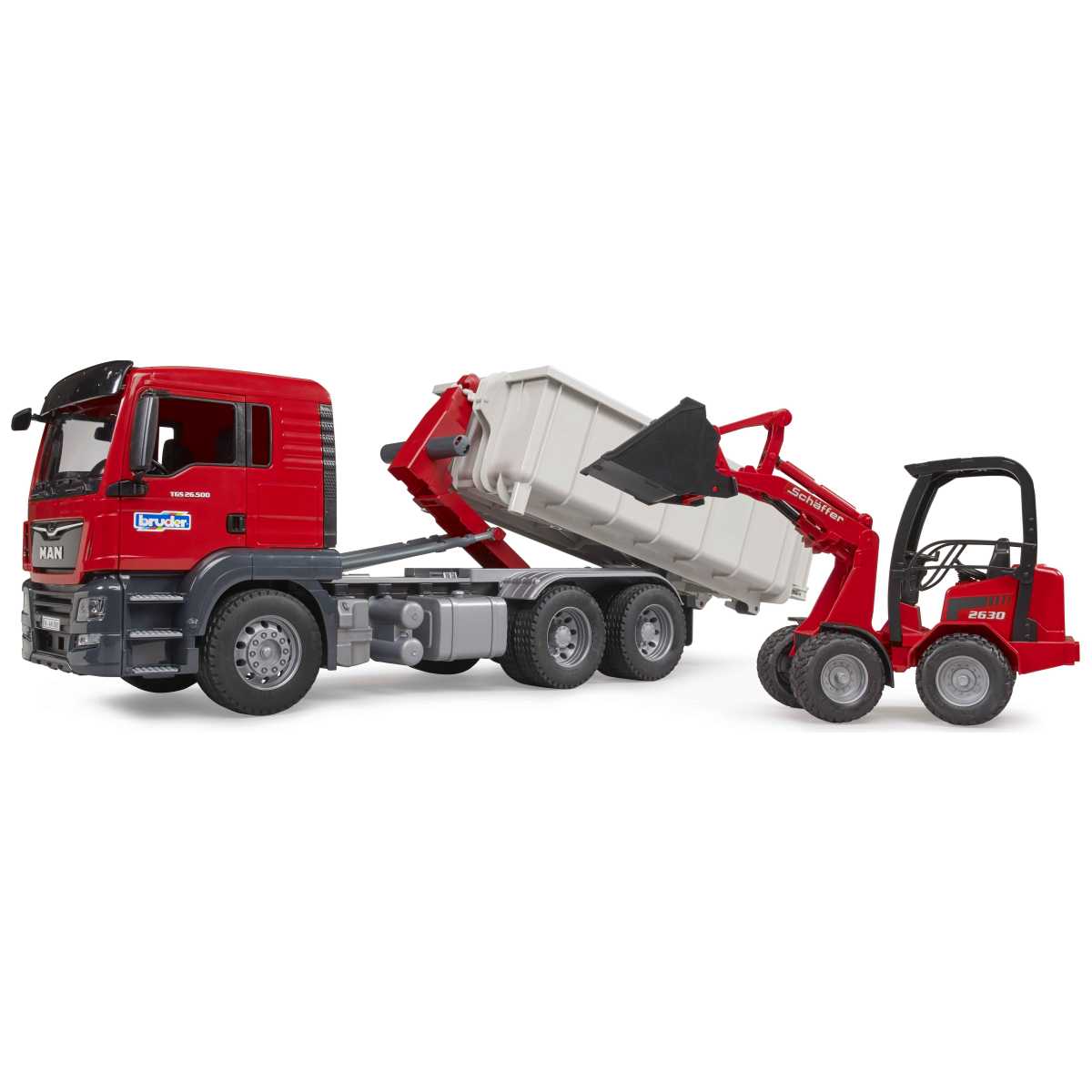 BRUDER 03767 MAN TGS LKW mit Abrollcontainer und Schäffer Hoflader 2630