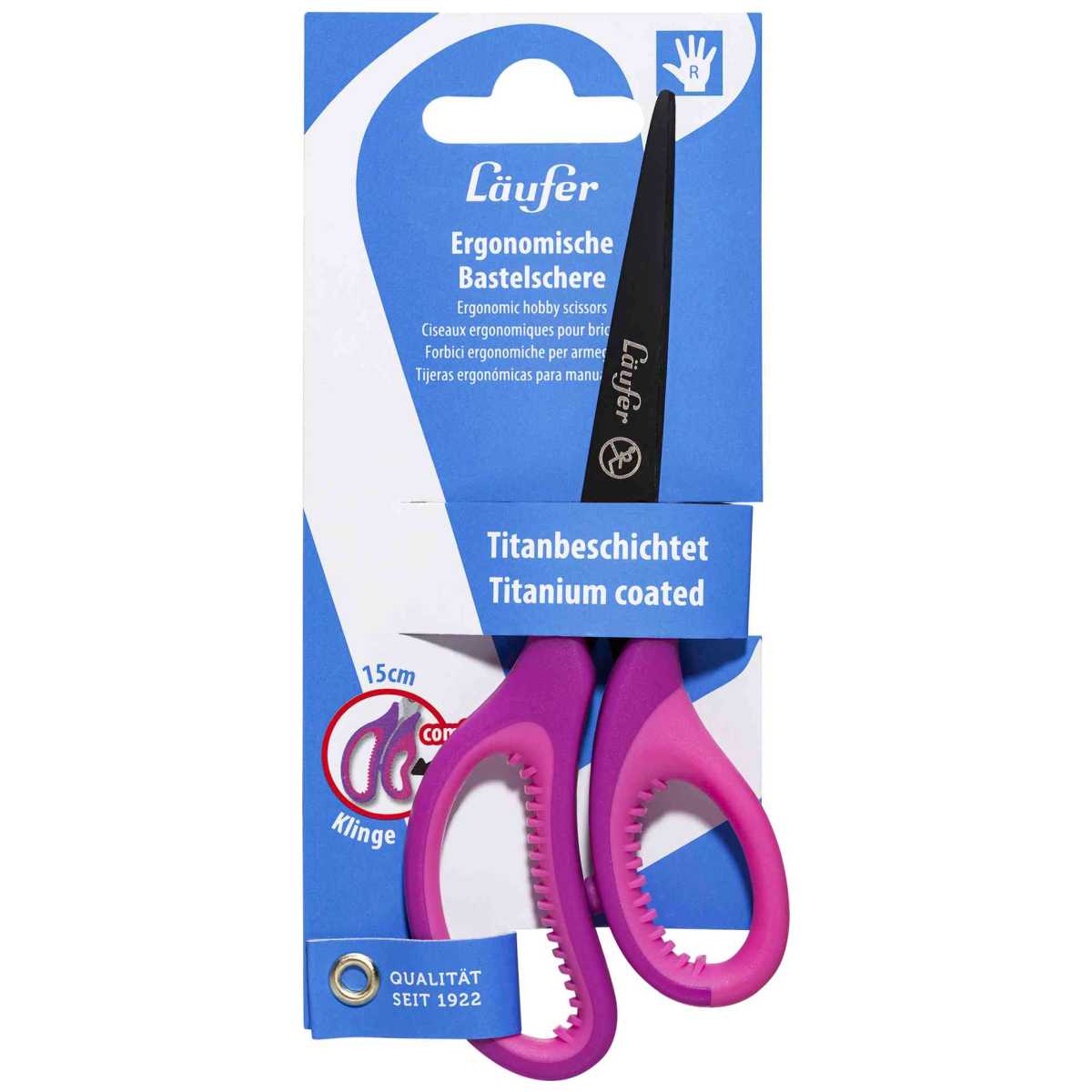 LÄUFER Bastelschere spitz mit Softgriff und Titan-Beschichtung lila / pink -Rechtshänder-
