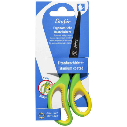 LÄUFER Bastelschere spitz mit Softgriff und Titan-Beschichtung grün / gelb -Linkshänder-