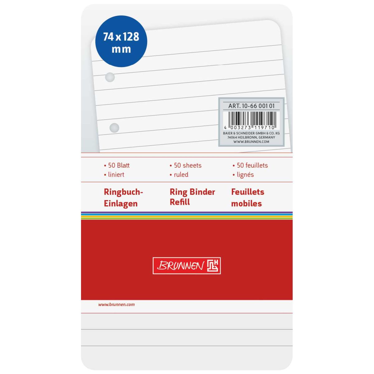 BRUNNEN Ringbuch Einlage 10-66001 01 A7 74 x 127 mm liniert 50 Blatt