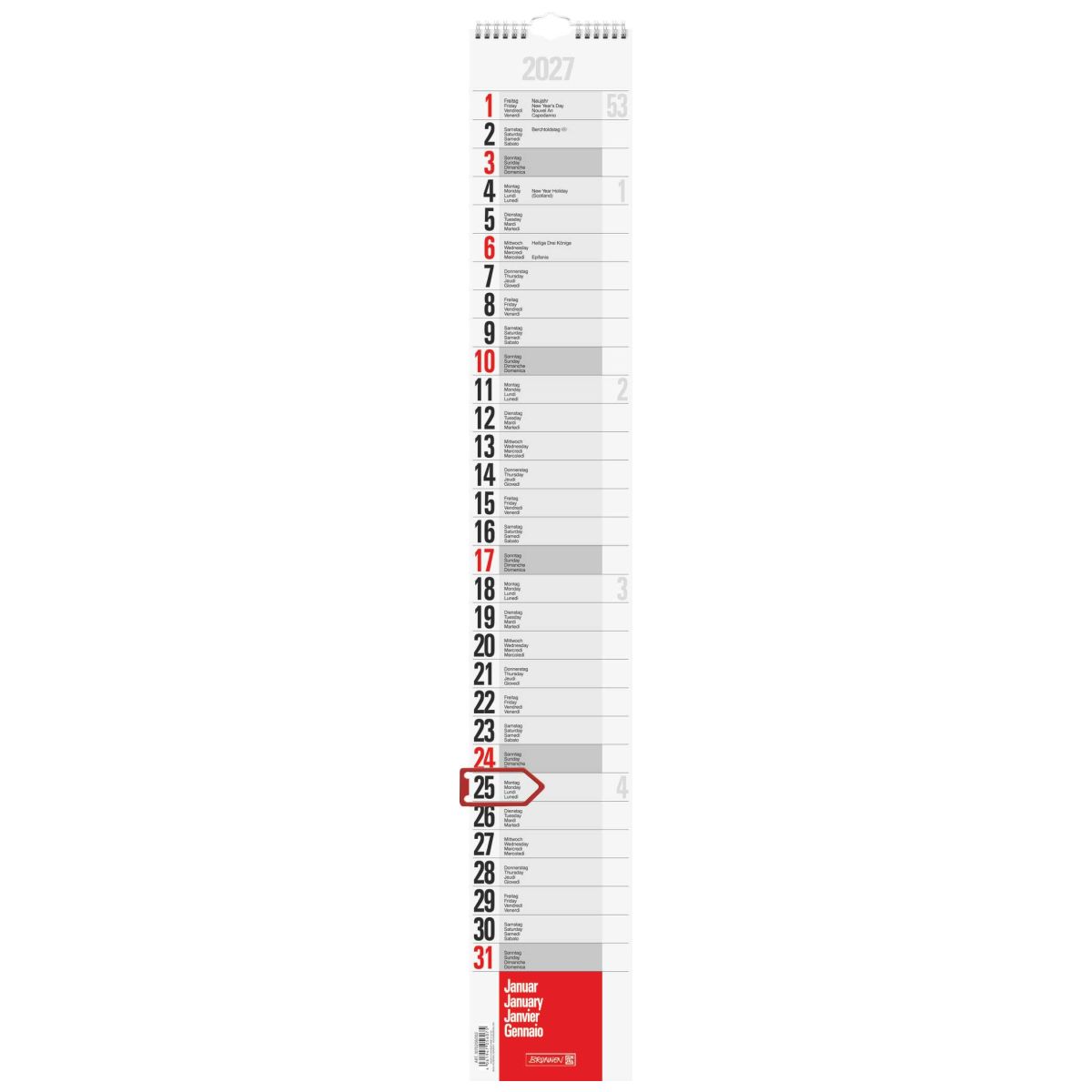 BRUNNEN Streifenkalender 2027 13x83cm 1Seite / 1 Monat