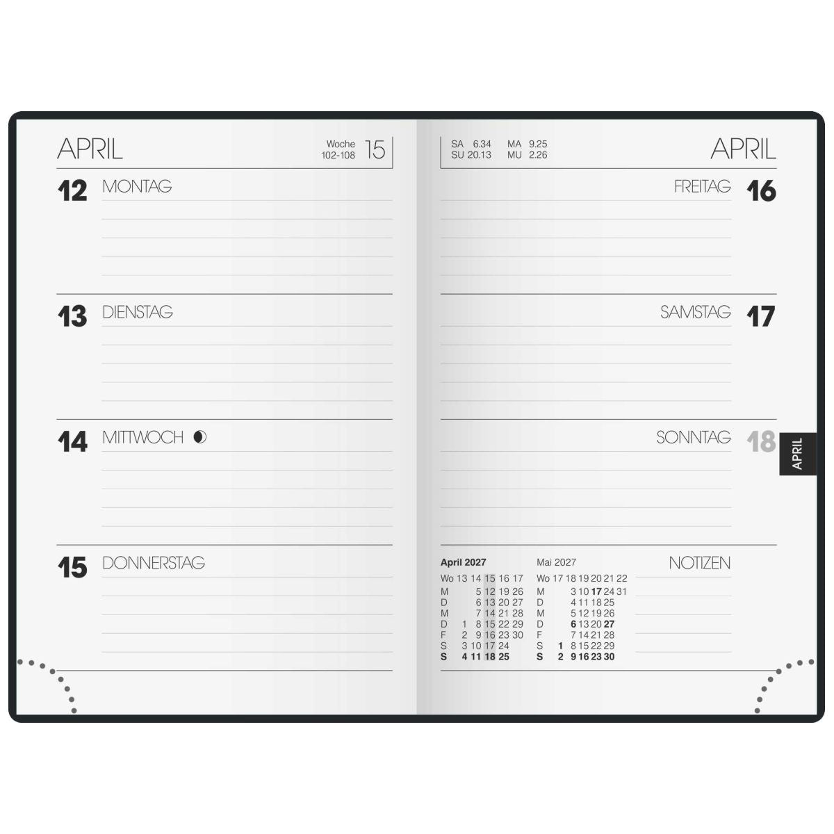 BRUNNEN Taschenkalender Modell 723 A7 2025, 2 Seiten/1 Woche mit Kugelschreiber
