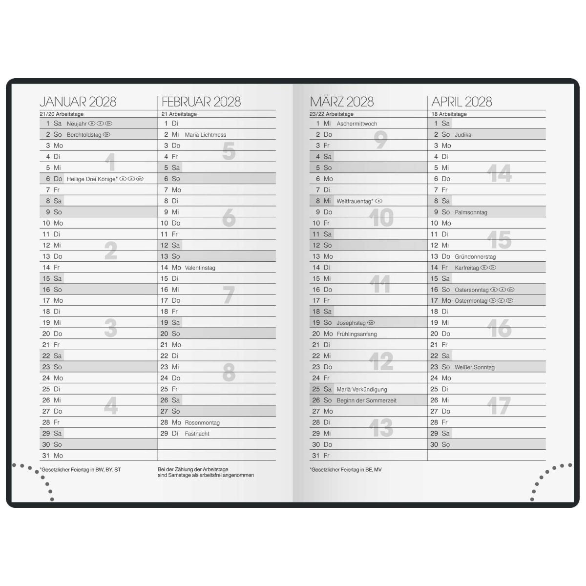 BRUNNEN Taschenkalender Modell 723 A7 2025, 2 Seiten/1 Woche mit Kugelschreiber