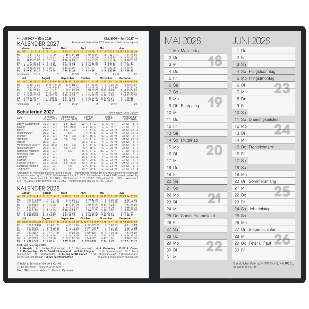BRUNNEN Faltkalender Mod. 740 2027 9x15cm schwarz 2 Seiten = 1 Monat