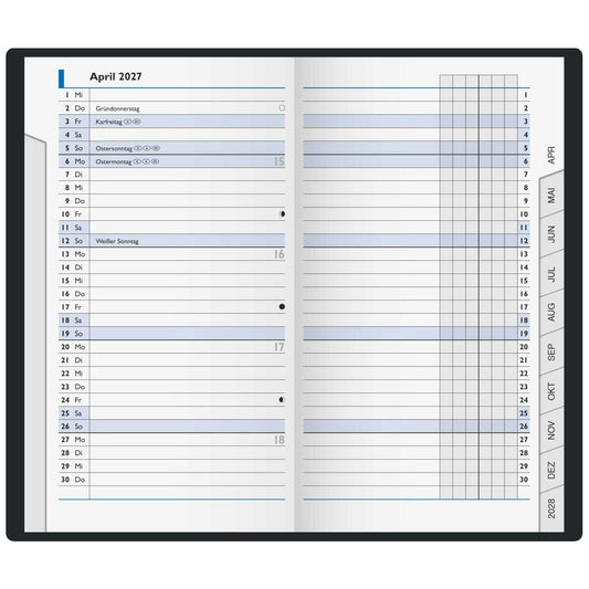 BRUNNEN Taschenkalender Mod. 753 schwarz 2027 9x15cm 2 Seiten =  1 Monat