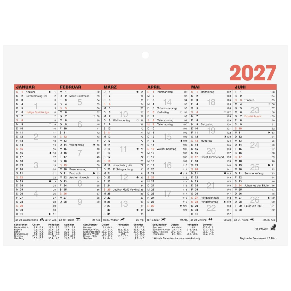 GLOCKEN Tafelkalender Jahresplaner Wandkalender A5 2027 | 1 Seite = 6 Monate