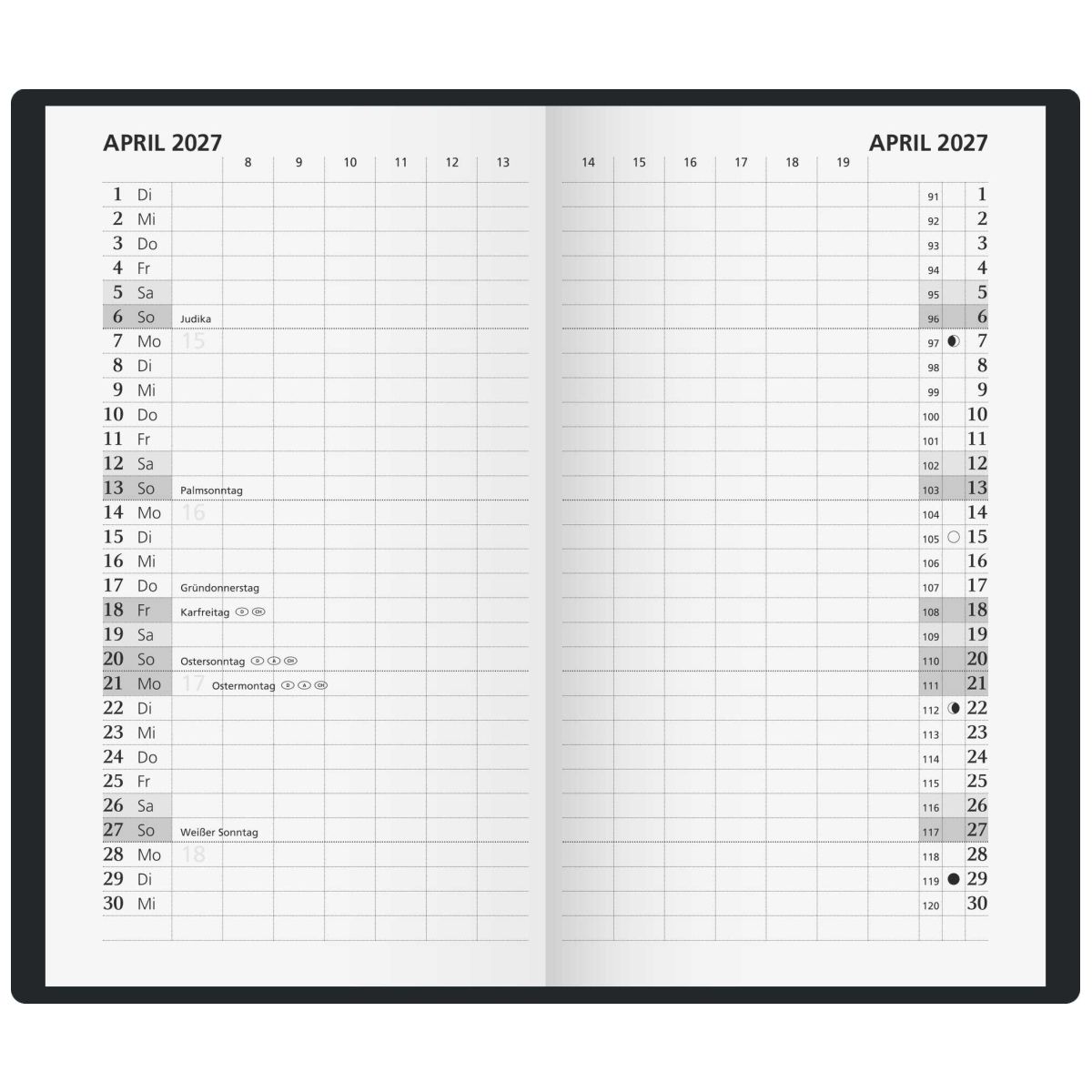 GLOCKEN Taschenkalender 2027 9x15cm 2 Seiten / 1 Monat schwarz