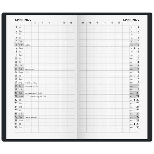 GLOCKEN Taschenkalender 2027 9x15cm 2 Seiten / 1 Monat schwarz