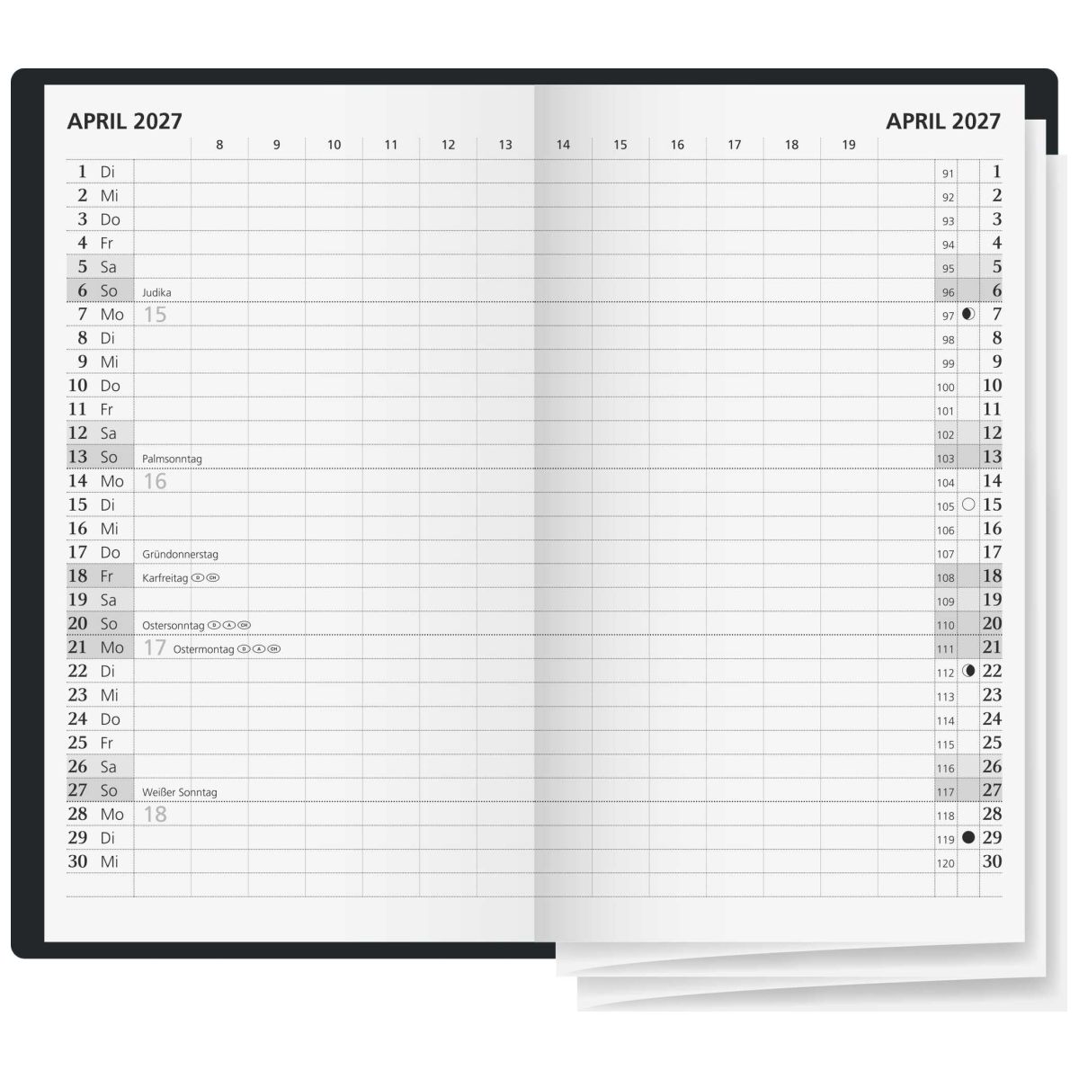 GLOCKEN Faltkalender 2027 9x15cm 2 Seiten = 1 Monat schwarz