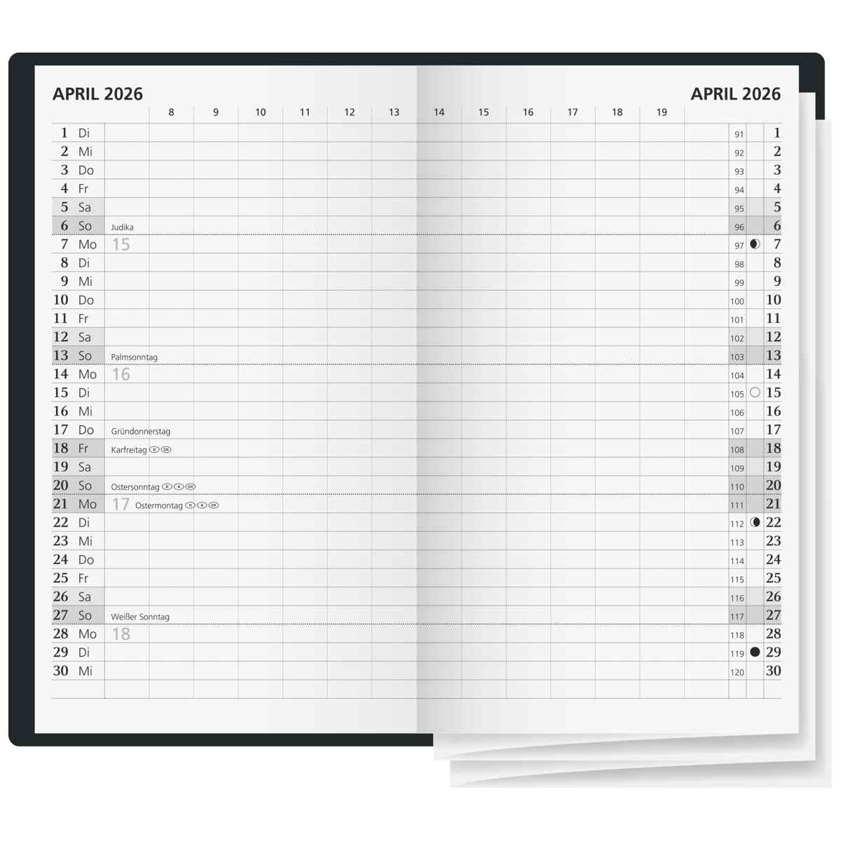 GLOCKEN Faltkalender 2026 9x15cm 2 Seiten = 1 Monat farbig sortiert