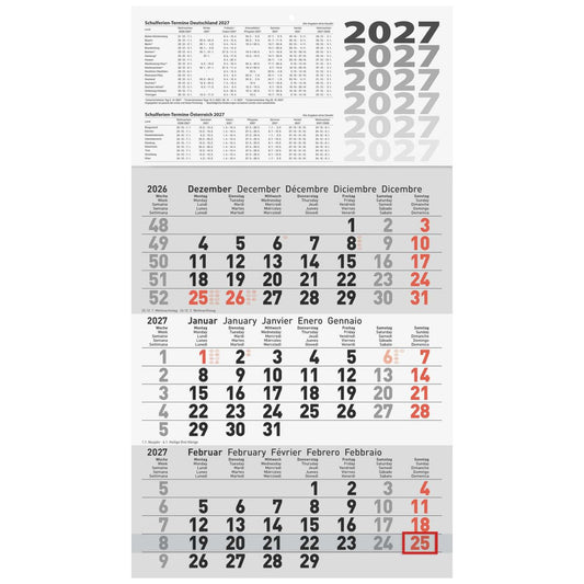 GLOCKEN 3-Monatskalender 2027 30 x 54 cm 3 Monate = 1 Seite