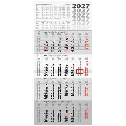 RIDO 4-Monatskalender 2027 grau 300×630 mm | 4 Monate = 1 Seite