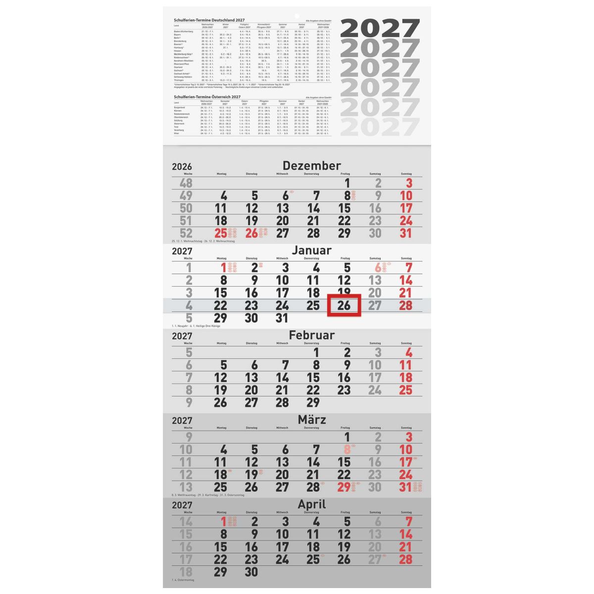 RIDO 5-Monatskalender 2027 grau 300×630 mm | 5 Monate = 1 Seite