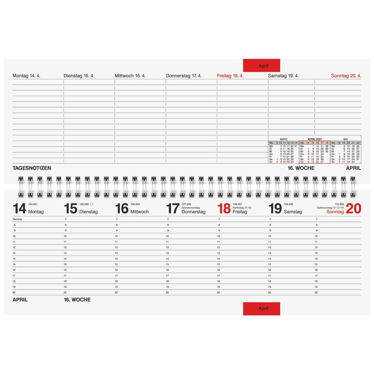 RIDO Querterminbuch Mod. septant 2027 | 305×105 mm, Kunststoff, grau | 1 Woche = 2 Seiten