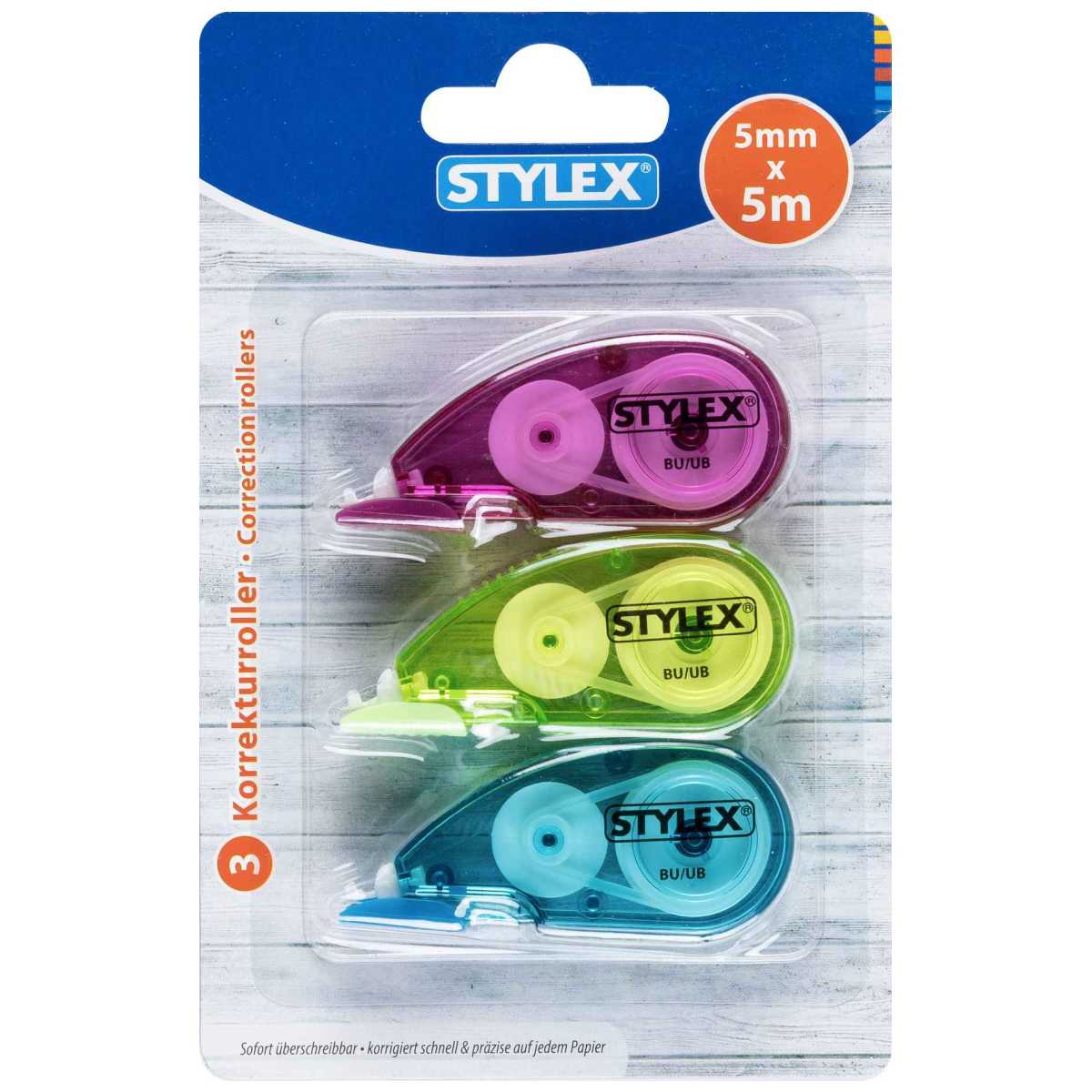 STYLEX Korrekturroller 5mm x 5m | 3 Stück in verschiedenen Farben