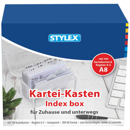 STYLEX Karteikasten A8 transparent incl. 100 Karten + Register